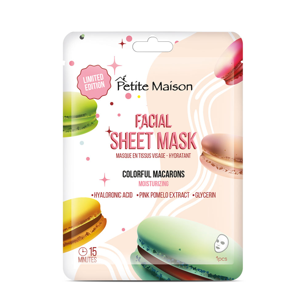 PETITE MAISON drėkinanti lakštinė veido kaukė FACIAL SHEET MASK – MOISTURIZING COLORFUL MACARONS