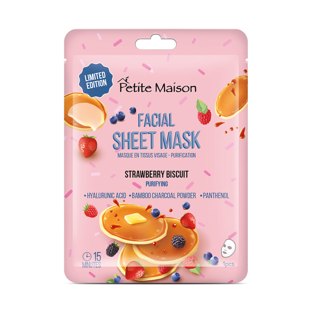 PETITE MAISON valomoji lakštinė veido kaukė FACIAL SHEET MASK -PURIFYING STRAWBERRY BISCUIT